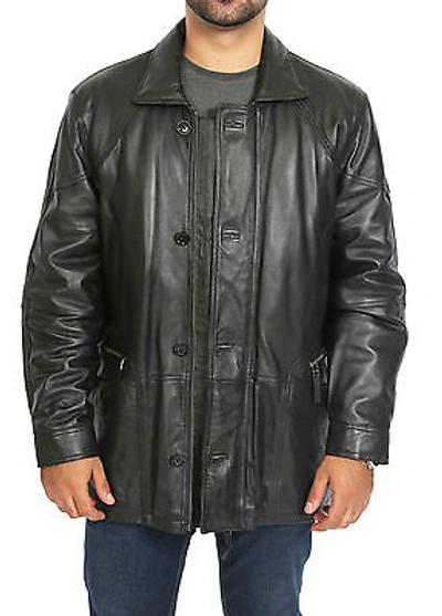 Pre-owned Fashion Gentlemens Parka Soft Classic Leather Jacket Black Car Coat Mid Length Overcoat