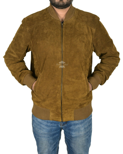 Pre-owned Smart Range Leather Men's Bomber Leather Jacket Khaki Suede Classic 70s Fashion Aviator Jacket 275-p