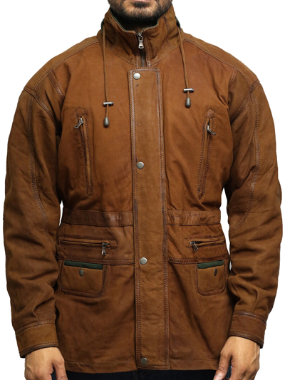 Pre-owned Brandslock Men's Real Leather Jacket Vintage Distressed Rust Reefer Style Parka Coat