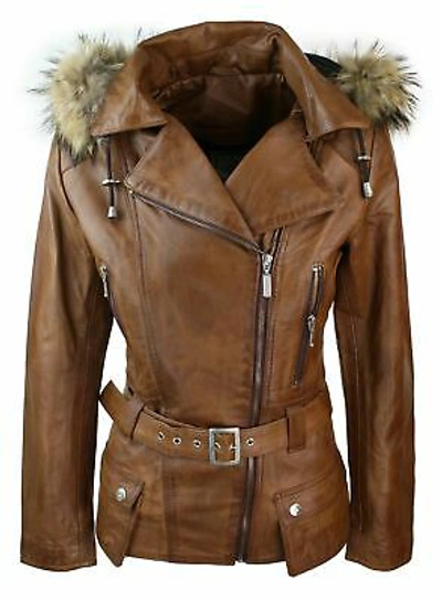 Pre-owned Aviatrix Ladies Tan Brown Real Fur Hooded Parka Real Leather Jacket Winter Coat