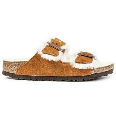 Pre-owned Birkenstock Womens Arizona Shearling Slides Sandals Tan