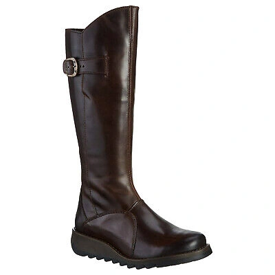 Pre-owned Fly London Mol 2 Leather Wedge Knee High Womens Boots