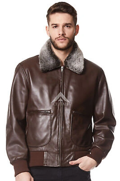 Pre-owned Smart Range Leather 'air Force' Men's Brown Fur Collar Aviator Bomber Lambskin Leather Jacket 1169