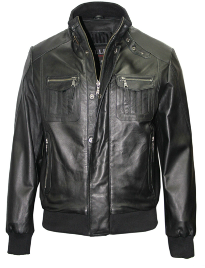 Pre-owned Anz Jay Mens G114 Black Designer Bomber Classic Style Real Soft Leather Jacket