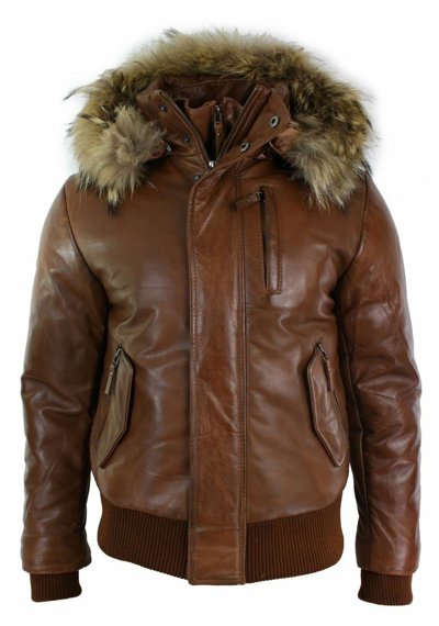 Pre-owned Claw Intl Men Real Fur Hood Bomber Sheep Leather Jacket Black Puffer Padded Sale Price