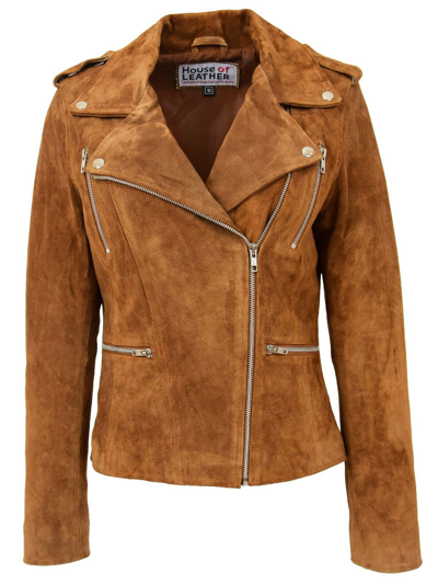 Pre-owned House Of Leather Womens Real Suede Biker Jacket Cross Zip Fastening Style Skylar Tan