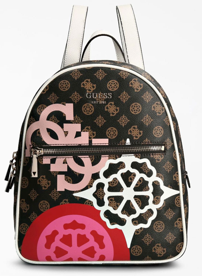 Pre-owned Guess Hwgp6995320 Vikky Womens Backpack With 4g Peony Print In Brown Multi