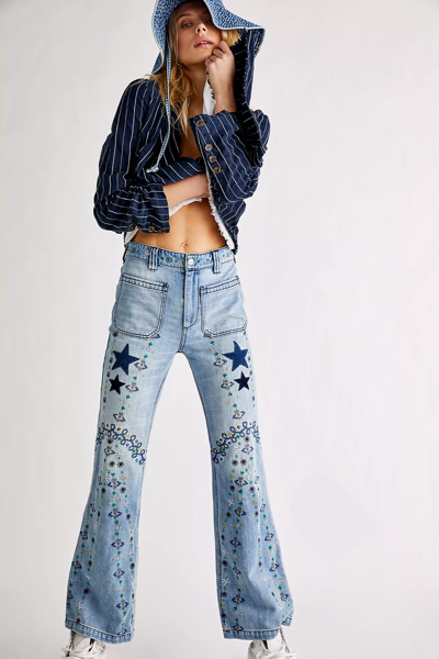 Pre-owned Free People Delphine Embroidered Flare Jeans In Blue Denim Size W29 Rrp$198