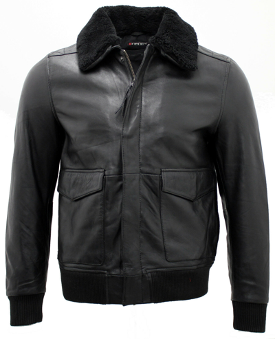 Pre-owned Infinity Men's Black Sheep Nappa Leather Bomber Jacket With Detachable Sheepskin Collar