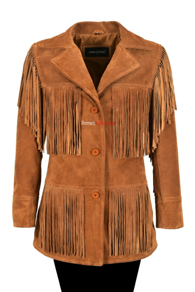 Pre-owned Carrie Ch Hoxton Ladies Fringes Leather Jacket Tan 100% Suede Classic Western Fashion Style
