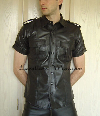 Pre-owned Leather Maniacs Black Leather Uniform Shirt Military Style Short Sleeve Chest Pockets