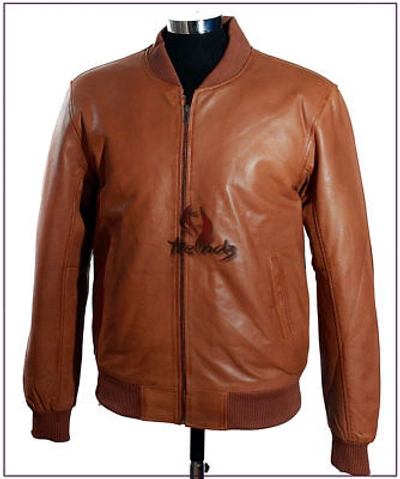 Pre-owned Real Leather 70's Mens Bomber Jacket Tan Baseball Sports Varsity Genuine Tops Leather Jacket