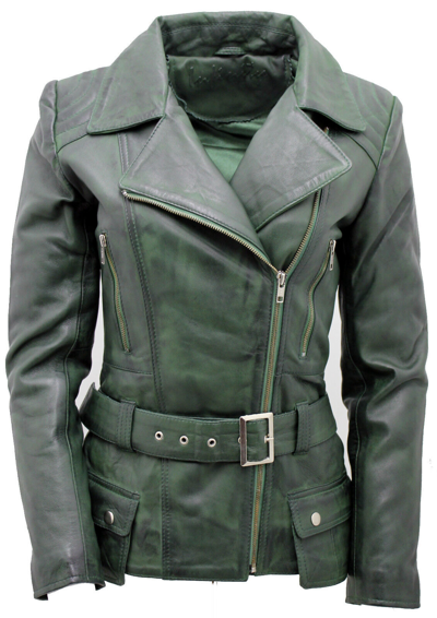 Pre-owned Infinity Ladies Green Vintage Long Feminine Leather Biker Jacket