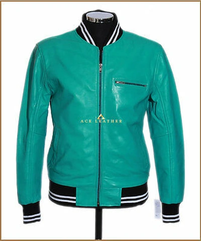 Pre-owned Ace 70s Men Leather Bomber Jacket Turquoise Baseball Style Real Suede Leather Jacket
