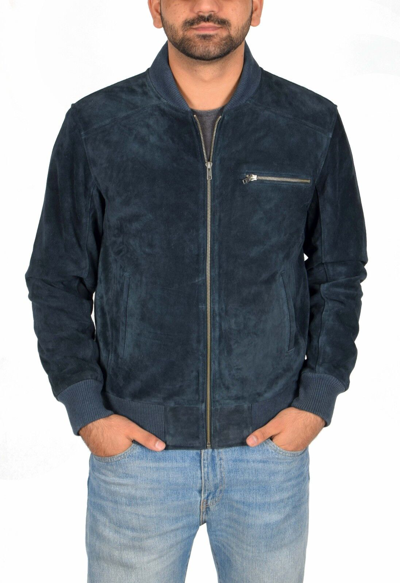Pre-owned Fashion Mens Real Navy Suede Bomber Jacket Leather Sports Varsity Baseball Casual Coat