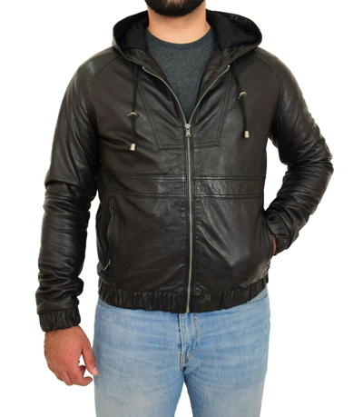 Pre-owned Fashion Mens Real Black Leather Bomber Hoodie Jacket Sports Fitted Zip Fasten Coat