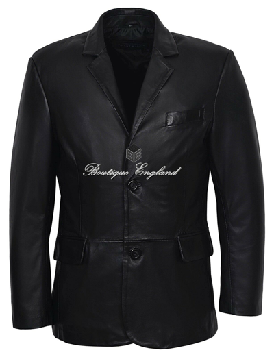 Pre-owned Smart Range Mens Leather Blazer Black Classic Italian Tailored Soft Real Leather 4080
