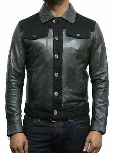 Pre-owned Brandslock Men's Genuine Leather Vintage Denim Style Classic Retro Grey Black Biker Jackets