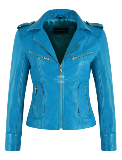 Pre-owned Carrie Ch Hoxton Ladies Fashion Leather Jacket Electric Blue Napa Slim Fit Classic Casual Style
