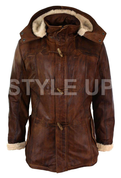Pre-owned Style Mens 3/4 Long Safari Classic Detachable Genuine Leather Duffle Hooded Coat