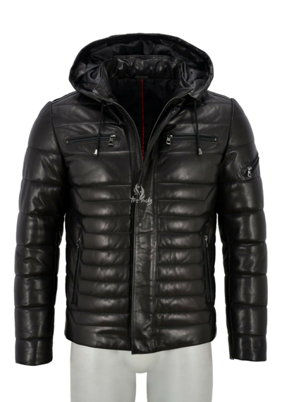 Pre-owned Real Leather Men Puffer Leather Jacket Black Hooded Real Lambskin Quilted Sport Hoodie Jacket