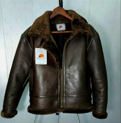 Pre-owned Warmth Apparel Men Aviator Pilot Raf B3 Flying Bomber Faux Fur Real Lambskin Leather Jacket