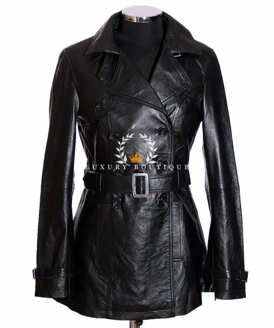 Pre-owned L.b Paris Black Ladies Smart Designer Real Lambskin Leather Fashion Trench Coat