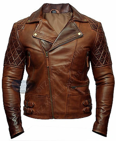 Pre-owned Fz Mens Biker Motorcycle Vintage Distressed Brown Winter Leather Jacket