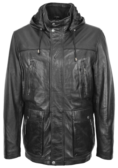 Pre-owned Fashion Mens Soft Leather Parka Black With Hood 3/4 Long Car Coat Classic Duffle Jacket