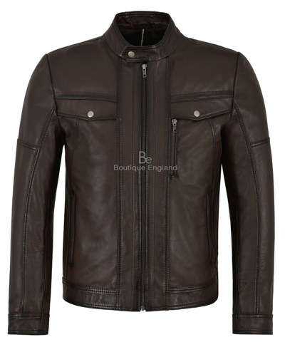 Pre-owned Real Leather Men's  Jacket Brown 100% Lambskin Biker Motorcycle Casual Style 1804