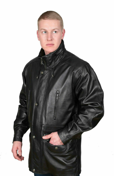 Pre-owned Claw Intl Gentlemens Real Leather Classic Parka Jacket Black Mens 3/4 Long Car Coat