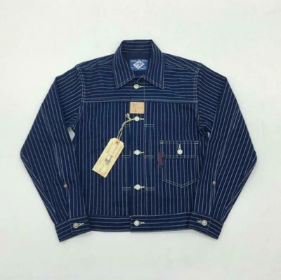 Pre-owned Bob Dong Vintage Indigo Wabash Stripes Denim Jean Jacket Men's Casual Workwear