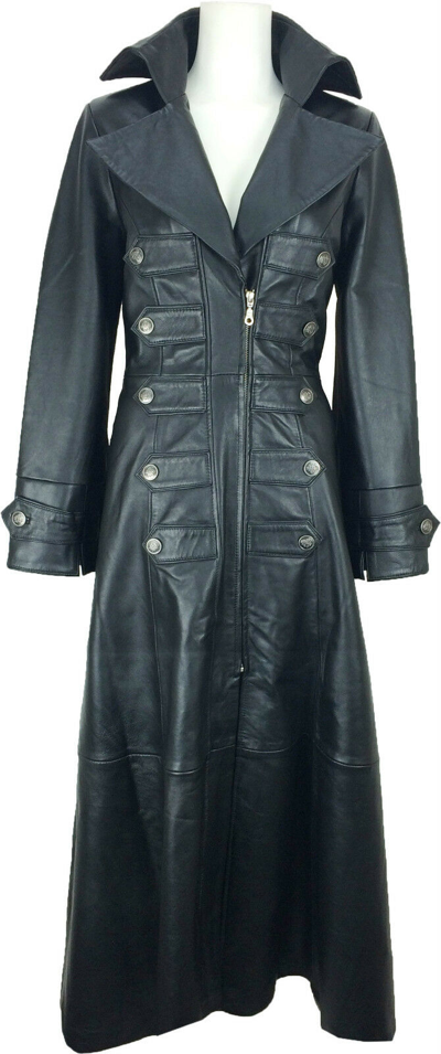Pre-owned Unicorn London Unicorn Womens Full Length Real Leather Trench Coat Gothic Emo Jacket M5