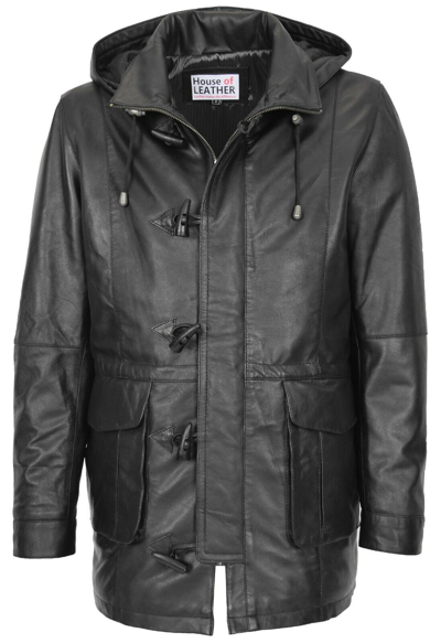 Pre-owned House Of Leather Mens Leather Duffle Coat With Detachable Hoodie Classic Overcoat Parka Black