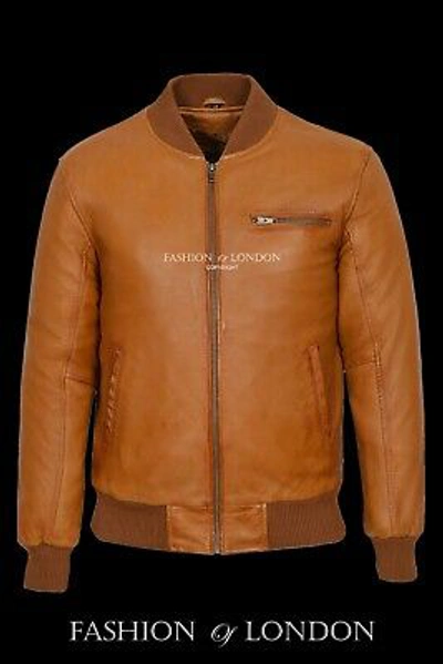 Pre-owned Real Leather Mens 70s Bomber Leather Jacket Tan Wax Pilot Aviator Style Nappa Leather Jacket