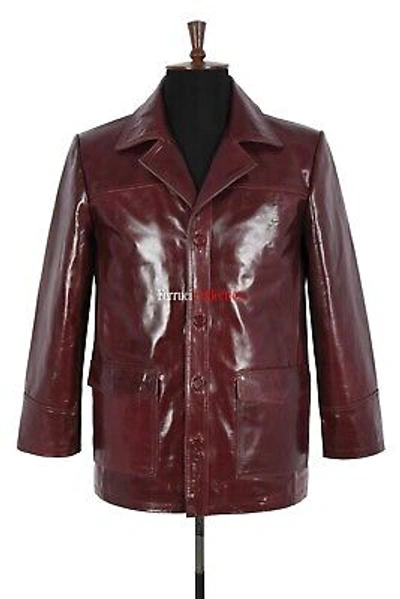 Pre-owned Real Leather Fight Club Burgundy Men's Smart Real Cowhide Leather Movie Film Blazer Jacket