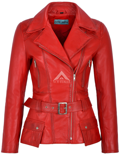Pre-owned Carrie Ch Hoxton 'feminine' Ladies Leather Jacket Red Belted Chic Rock Real Leather Jacket 2812