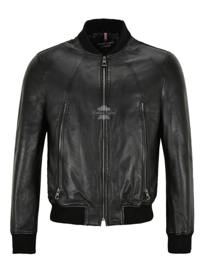Pre-owned Smart Range Leather Men Bomber Leather Jacket Black Casual Tops Real Leather Harrington Jacket Nv125