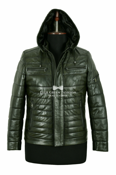 Pre-owned Real Leather Men's Puffer Hooded Jacket Real Lambskin Leather Sport Jacket Fully Quilted 2006
