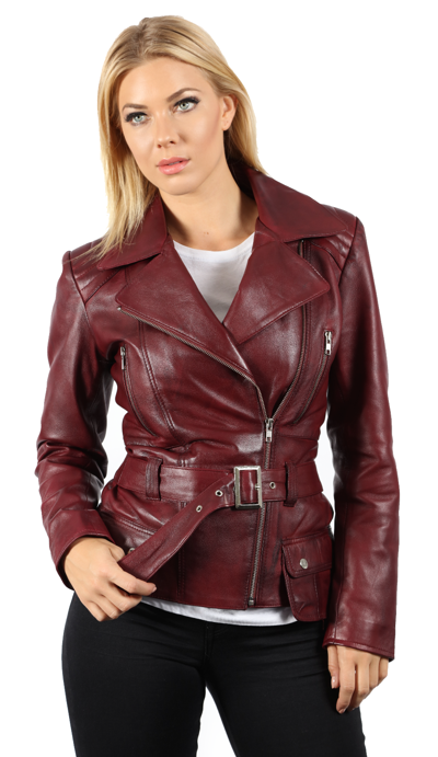 Pre-owned Infinity Ladies Burgundy Vintage Long Feminine 100% Leather Biker Jacket