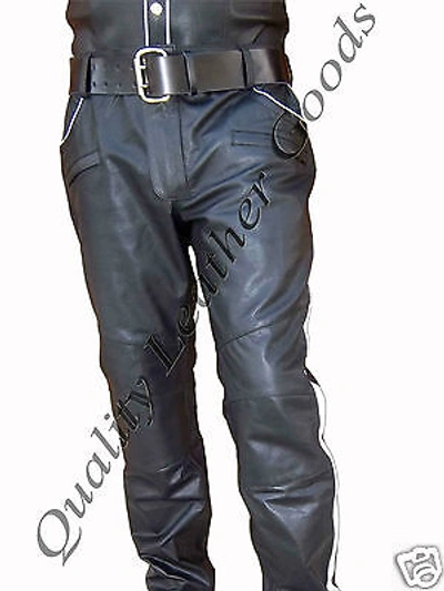 Pre-owned Qlg Mens Leather Stylish Luxury Trousers Jeans Trouser With Coloured Piping & Side Strip