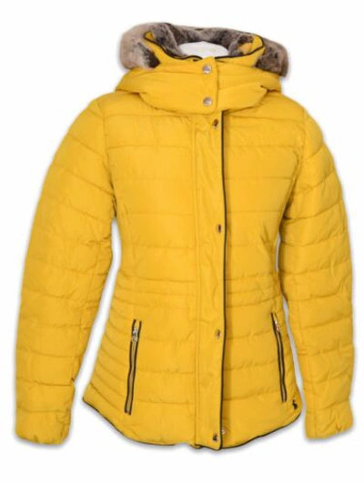 Pre-owned Joules Gosway Padded Coat With Faux Fur Trim Antique Gold Size Uk 12
