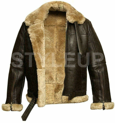 Pre-owned Styleup Ltd Mens Raf B3 Aviator Pilot Fur Shearling Genuine Sheepskin Bomber Leather Jacket