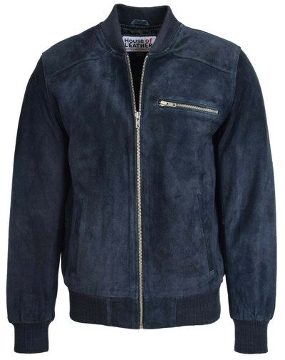 Pre-owned House Of Leather Mens Classic Fitted Bomber Suede Jacket Designer College Boy Varsity Blue