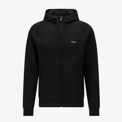 Pre-owned Hugo Boss Boss Cotton-blend Zip-up Saggy Hoodie With Logo Tape - Black