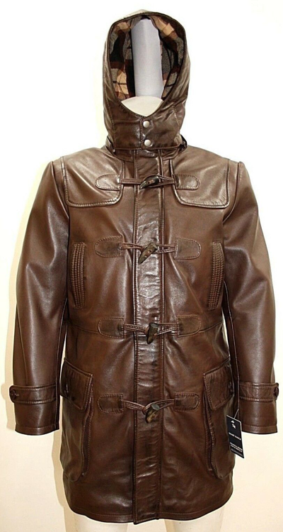 Pre-owned New Look Safari Parka Mens 3/4 Long Real Leather Brown Hooded Duffle Jacket Coat