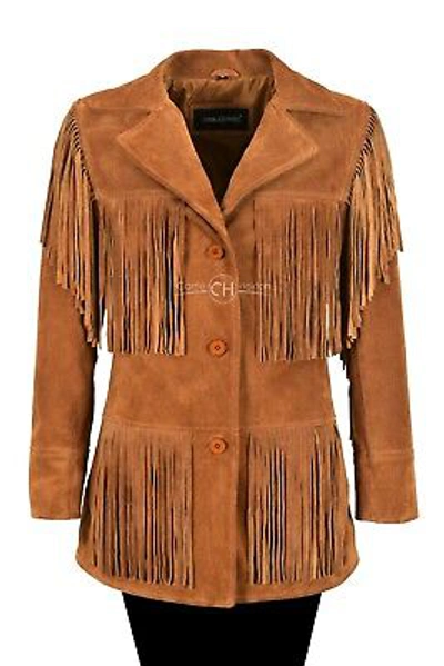 Pre-owned Carrie Ch Hoxton Ladies Fringes Leather Jacket Tan 100% Suede Classic Western Fashion Style