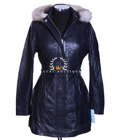 Pre-owned L.b Juliet Blue Ladies Casual Fur Hooded Lambskin Leather Jacket Trench Coat