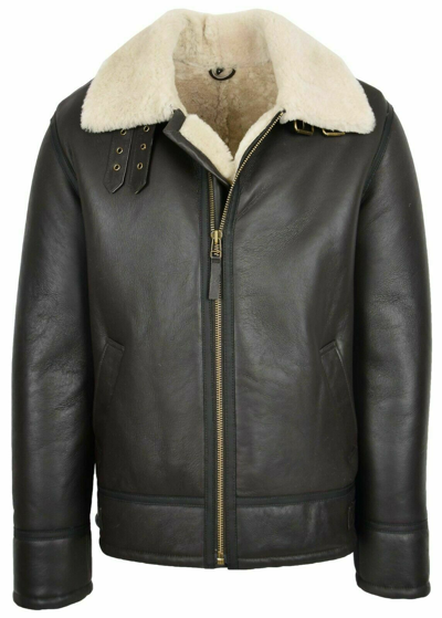 Pre-owned Ag Bison Men's Bomber Sheepskin Leather Jacket Real White Shearling Top Gun Aviator Brown