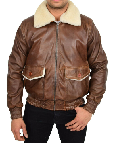 Pre-owned Harrington Mens Genuine Leather Pilot Jacket Cognac Flight Aviator Sheepskin Collar Bomber